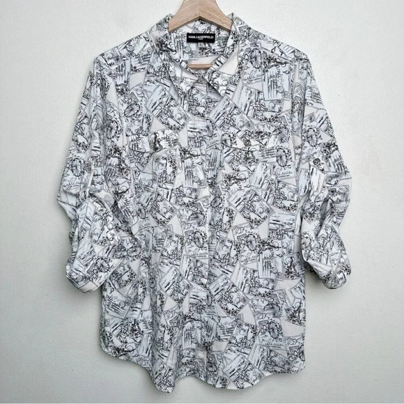 Karl Lagerfeld Womens Size Large Paris Whimsical  Roll Sleeve Blouse - Picture 4 of 15